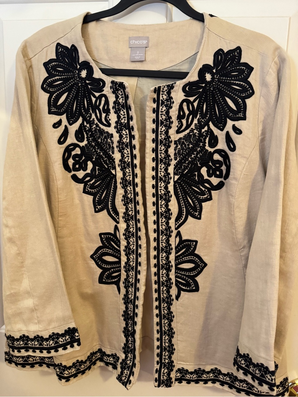 Chico's Jacket 100% Linen Tan Open Jacket with Black Embroidery Chicos Size 3 - Picture 10 of 15